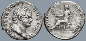 Titus, as Caesar (69-79 AD). Rome
AR Denarius (18.9mm 3.17g)
Obv: T CAESAR IMP VESPASIAN Laureate head of Vespasian to right.
Rev: PONTIF TR P COS ...