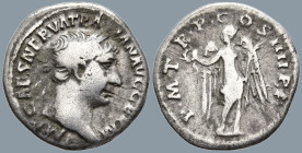 Trajan (98-117 AD). Rome
AR Denarius (18.6mm 3.03g)
Obv: IMP CAES NERVA TRAIAN AVG GERM. Laureate head right, slight drapery on far shoulder
Rev: P...