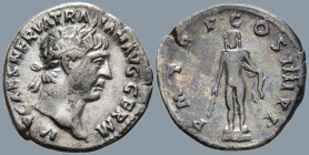 Trajan (98-117 AD). Rome
AR Denarius (19mm 2.82g)
Obv: IMP CAES NERVA TRAIAN AVG GERM Laureate head of Trajan to right.
Rev: P M TR P COS IIII P P....