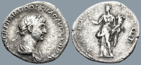 Trajan (98-117 AD). Rome
AR Denarius (17.8mm 3.09g)
Obv: IMP CAES NER TRAIANO OPTIMO AVG GER DAC. Laureate and draped bust right.
Rev: P M TR P [CO...