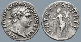 Trajan (98-117 AD). Rome
AR Denarius (18.1mm 2.68g)
Obv: IMP CAES NERVA TRAIAN AVG GERM. Laureate head of Trajan to right.
Rev. P M TR P COS IIII P...