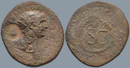 Trajan (98-117 AD). Rome
AE Semis (25mm 7.15g)
Obv: Radiate and draped bust right
Rev: Oak wreath around S • C.
RIC II 647; Strack 479; BMCRE 1096...