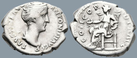 Faustina I, Wife of Antonius Pius (circa 138-139 AD). Rome
AR Denarius (16.7mm 3.5g)
Obv: FAVSTINA AVG ANTONINI AVG P P. Draped bust right, wearing ...