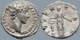 Marcus Aurelius, Caesar (139-161 AD). Rome
AR Denarius (17.9mm 3.47g)
Obv: AVRELIVS CAESAR AVG PII F COS. Bare head right.
Rev: IVVENTAS. Juventas ...