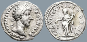 Marcus Aurelius (161-180 AD). Rome.
AR Denarius (18.9mm 3.35g)
Obv: M ANTONINVS AVG ARM PARTH MAX. Laureate head right.
Rev: TR P XXI IMP IIII COS ...