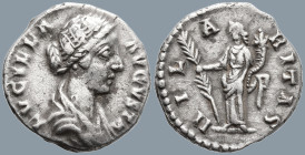 Lucilla (164-169 AD). Rome
AR Denarius (17.9mm 2.49h)
Obv: LVCILLA AVGVSTA. Draped bust right
Rev: HILARITAS. Hilaritas standing left, holding palm...