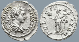 Caracalla (198-217 AD). Rome
AR Denarius (19.2mm 3.47g)
Obv: ANTONINVS PIVS AVG. Laureate and draped bust of Caracalla, right.
Rev: FELICITAS AVGG....