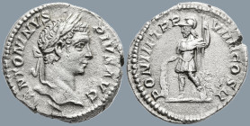 Caracalla (198-217 AD). Rome
AR Denarius (18.9mm 3.08g)
Obv: ANTONINVS PIVS AVG Laureate head of Caracalla to right.
Rev: PONTIF TR P VIIII COS II ...