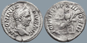 Caracalla (198-217 AD). Rome
AR Denarius (19.3mm 2.9g)
Obv: ANTONINVS PIVS AVG. Laureate head to right
Rev: PONTIF TR P XIII COS III. Concordia sea...