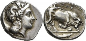Lukanien: Nomos (360-330 v. Chr.) Av: Didrachme, Athenakopf im Helm nach rechts, auf dem Kessel steinschleudernde Skylla, auf dem Nackenschutz: Sigma ...