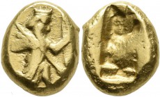 Griechische Münzen: Achämenidenreich, Zeit d. Xerxes bis Artaxerxes I. 486-424: Dareikos der Bogen-Speer-Serie, 5. Jh. v. Chr. Sardeis. Großkönig mit ...