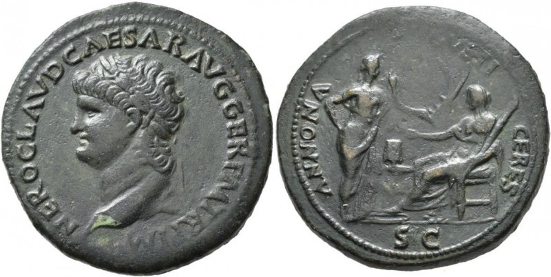Nero (54 - 68): AE-Sesterz o.J., Lugdunum, Av. belorbeerte Büste nach links, Rv:...