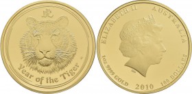 Australien: Elizabeth II. 1952-,: 100 Dollars 2010 Year of the Tiger (Lunar II.). 1 OZ (31,1g) 999/1000 Gold. In Kapsel und Etui, mit Zertifikat und U...