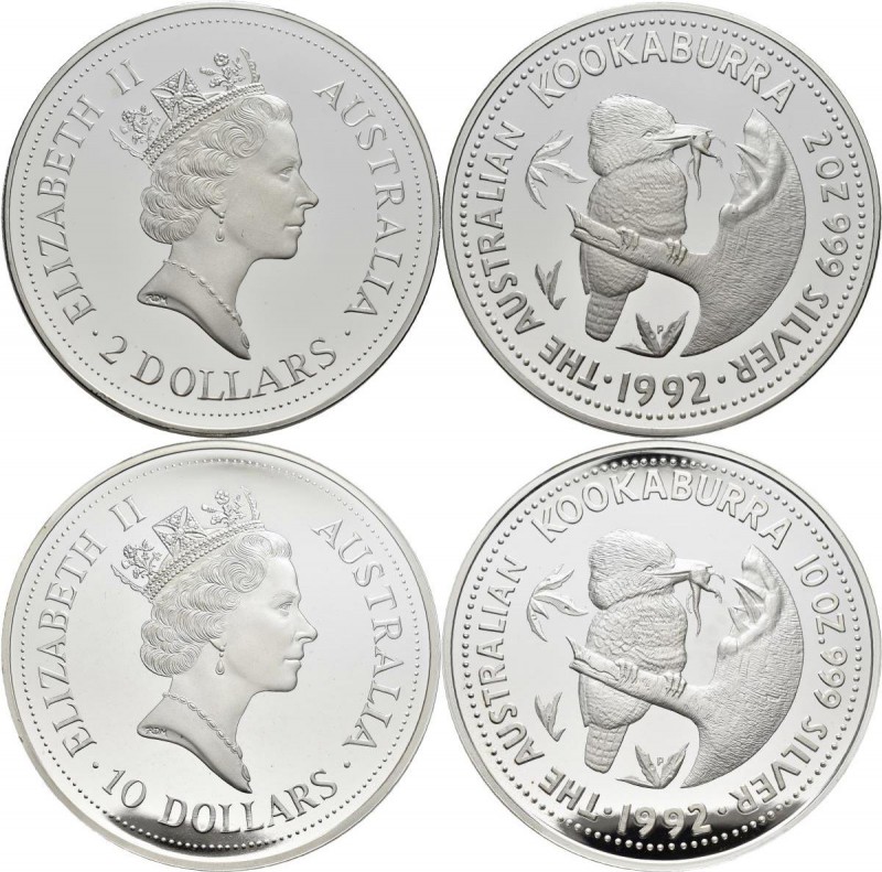 Australien: Lot 2 Münzen: Kookaburra 2 OZ + 10 OZ Proof 999/1000 Silber. Je geka...