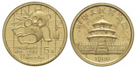China - Volksrepublik: 5 Yuan 1989, Goldpanda, KM# 183, Friedberg B8. 1,56 g (1/20 OZ), 999/1000 Gold, Rotflecken, eingeschweisst.
 [plus 0 % VAT]