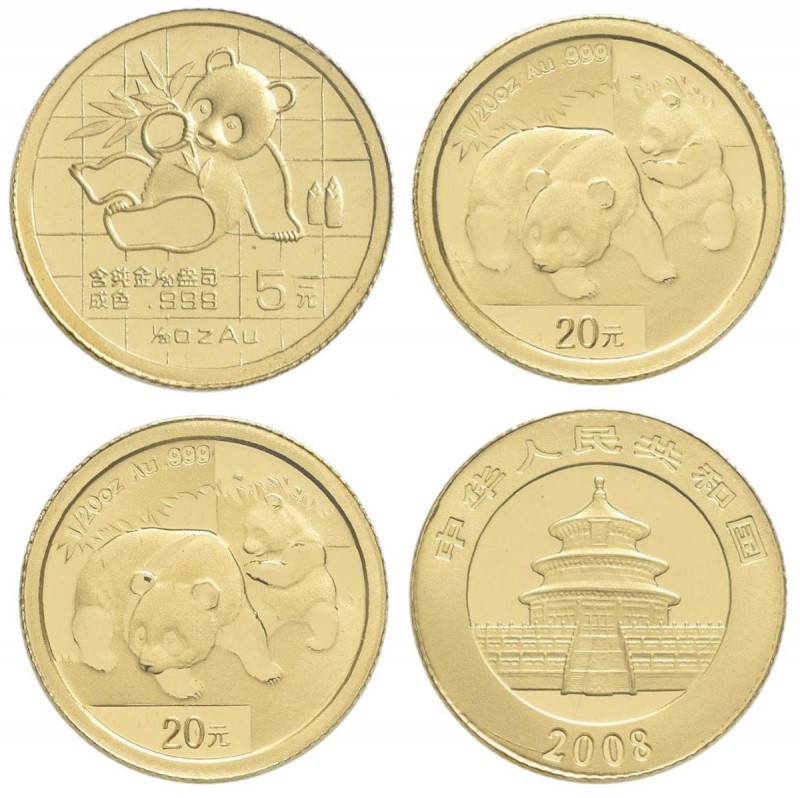 China - Volksrepublik: Lot 3 Münzen 1/20 OZ China Panda: 1 x 5 Yuan 1989, 2 x 20...