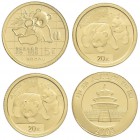 China - Volksrepublik: Lot 3 Münzen 1/20 OZ China Panda: 1 x 5 Yuan 1989, 2 x 20 Yuan 2008. Jede Münze wiegt 1,55 g (1/20 OZ) 999/1000 Gold. In Folie,...
