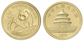 China - Volksrepublik: 5 Yuan 1990, Goldpanda, KM# 268, Friedberg B8. 1,56 g (1/20 OZ), 999/1000 Gold, eingeschweisst.
 [plus 0 % VAT]