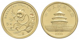 China - Volksrepublik: 5 Yuan 1991, Goldpanda, KM# 346, Friedberg B8. 1,56 g (1/20 OZ), 999/1000 Gold, Rotflecken, eingeschweisst.
 [plus 0 % VAT]