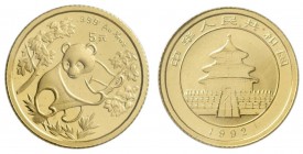 China - Volksrepublik: 5 Yuan 1992, Goldpanda, KM# 391, Friedberg B8. 1,56 g (1/20 OZ), 999/1000 Gold, eingeschweisst.
 [plus 0 % VAT]