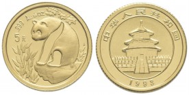 China - Volksrepublik: 5 Yuan 1993, Goldpanda, KM# 473, Friedberg B8. 1,56 g (1/20 OZ), 999/1000 Gold, eingeschweisst.
 [plus 0 % VAT]
