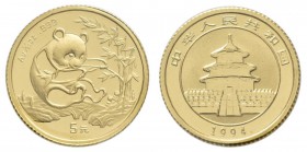 China - Volksrepublik: 5 Yuan 1994, Goldpanda, KM# 611, Friedberg B8. 1,56 g (1/20 OZ), 999/1000 Gold, eingeschweisst.
 [plus 0 % VAT]