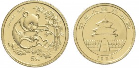 China - Volksrepublik: 5 Yuan 1994, Goldpanda, KM# 611, Friedberg B8. 1,56 g (1/20 OZ), 999/1000 Gold, eingeschweisst.
 [plus 0 % VAT]