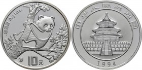China - Volksrepublik: 10 Yuan 1994 P, Silberpanda auf Baum. 31,1 g (1 OZ) 999/1000 Silber, KM# 616, mit chinesischem Zertifikat, in Kapsel. Auflage n...