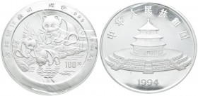 China - Volksrepublik: 100 Yuan 1994, Silberpanda. 373,24 g (12 OZ), 999/1000 Silber, KM# 618, mit chinesischen Zertifikat, original Kapsel, eingeschw...