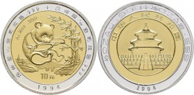China - Volksrepublik: 10 Yuan 1994 Panda aus Bimetall. 1/10 OZ 999/1000 Gold Pille und1/28 OZ 999/1000 Silber Ring. KM# A625 (Y#680). Auflage nur 3.0...