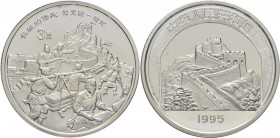 China - Volksrepublik: 3 Yuan 1995, Bau der Chinesischen Mauer. 15 g , 900/1000 Silber, KM# 824, mit MDM Zertifikat, in Kapsel. Auflage max. 30.000 St...