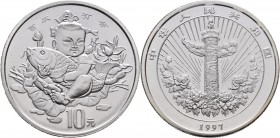 China - Volksrepublik: 10 Yuan 1997, Chinesische Segenszeichen / Lucky Coin: Kind mit Karpfen Piedfort. KM# P30 / 1059. 62,2 g (2 OZ), 999/1000 Silber...