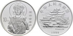 China - Volksrepublik: 10 Yuan 1999 Göttin der Barmherzigkeit Kuan Jin (Guanyin) mit Spiegel. KM# 1243. 31,1 g (1 OZ), 999/1000 Silber. In Kapsel, mit...