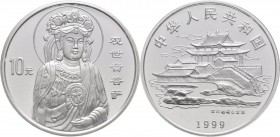 China - Volksrepublik: 10 Yuan 1999 Göttin der Barmherzigkeit Kuan Jin (Guanyin) mit Fächer. KM# 1244. 31,1 g (1 OZ), 999/1000 Silber. In Kapsel, mit ...