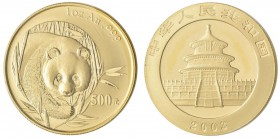 China - Volksrepublik: 500 Yuan 2003, Goldpanda, KM# 1474, Friedberg B14. 31,11 g (1 OZ), 999/1000 Gold, eingeschweisst, mit Kontrollzettel.
 [plus 0...