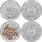 China - Volksrepublik: Set 2 Münzen 2012, Jahr des Drachen: 2 x 10 Yuan 1 OZ 999/1000 Silber. 1x Ausführung in Silber und rund (KM# 2022) und 1x Teilc...