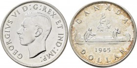 Kanada: George VI. 1936-1953: 1 Dollar 1945, Kanu / Voyager, KM# 37, seltener Jahrgang, Auflage nur 38.391 Stück. 23,25 g, 800/1000 Silber. Feine Krat...