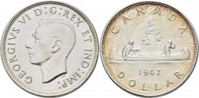 Kanada: George VI. 1936-1953: 1 Dollar 1947, Kanu / Voyager, KM# 37, Variante Blunt 7 / Stumpfe 7. 23,38 g, 800/1000 Silber. Feine Kratzer, winziger R...
