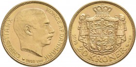 Dänemark: Christian X. 1912-1947: 20 Kroner 1914, KM# 817.1, Friedberg 299, 8,96 g, 900/1000 Gold. feine Haarlinien, sonst vorzüglich.
 [plus 0 % VAT...
