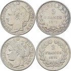 Frankreich: 3. Republik 1870-1940: Lot 2 Stück, 5 Francs und 2 Francs 1871, beide Mzz. K (Bordeaux), sehr schön.
 [taxed under margin system]