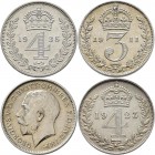Großbritannien: Georg V. 1910-1936: 3 x Maundy Set 1,2,3,4 Pence 1911, 1923, 1935, vorzüglich, vorzüglich-Stempelglanz.
 [taxed under margin system]...