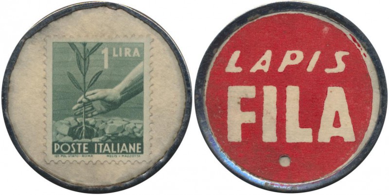 Italien: Briefmarken-Kapselgeld ”LAPIS FILA”, mit Briefmarke zu 1 Lira (Democrat...