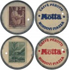 Italien: Lot 2 Stück Briefmarken-Kapselgeld ”Caffé Perotti - Motta - Mondivi Piazza” mit je einer Briefmarke zu 1 Lira und zu 2 Lire (Democratica Seri...