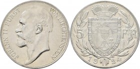 Liechtenstein: Johann II. 1858-1929: 5 Franken 1924, HMZ 2-1379a, Auflage: 15.000 Exemplare, kl. Kratzer, sonst vorzüglich.
 [taxed under margin syst...