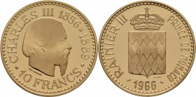 Monaco: Rainier III. 1949-2005: 10 Francs 1966, 100 Jahre Monte Carlo. Probe (Essai) von Delannoy in Gold. Gad. 155, KM# E57 (vgl. KM# 146), Fb --, Au...