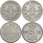 Norwegen: Oscar II. 1872-1905: Lot 3 Münzen: 10 Öre / 3 Sk. 1874, KM# 345, 50 Öre / 15 Sk. 1874, KM# 346, 1 Krone / 30 Sk. 1875, KM# 351. Alle Münzen ...