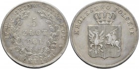 Polen: Freiheitskampf 1830-1831: 5 Zlotych 1831 KG, Warschau, Bitkin 2, 15,47 g, min. justiert, sehr schön+.
 [taxed under margin system]