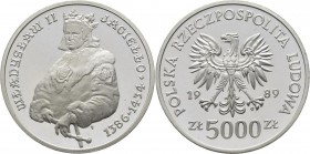 Polen: 5.000 Zlotych 1989, Wladyslaw II. Jagiello, KM# Y 198. Ohne Probeaufdruck - selten, Auflage nur 2.500 Stück. Polierte Platte.
 [taxed under ma...