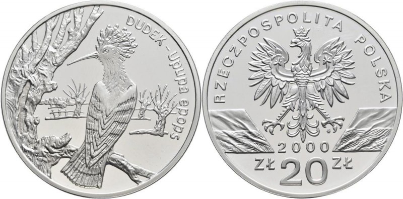 Polen: 20 Zlotych 2000, Wiederkopf / Dudek / Upupa epops, KM# Y 387. Polierte Pl...