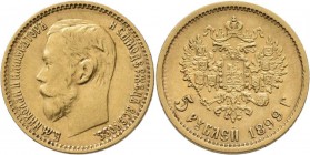 Russland: Nikolaus II. 1894-1917: 5 Rubel 1899 (ФЗ / FZ - Felix Zaleman), St. Petersburg, Friedberg 180, KM# Y62. 4,28 g 900/1000 Gold, sehr schön.
 ...